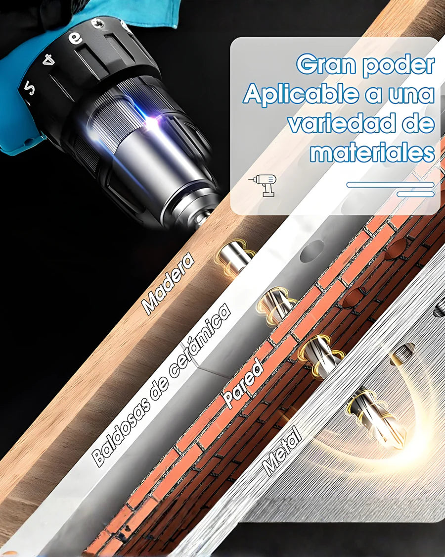 PowerMax Pro™ – Taladro Percutor Brushless 3 en 1 con Doble Batería