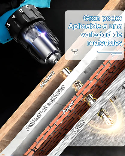 PowerMax Pro™ – Taladro Percutor Brushless 3 en 1 con Doble Batería