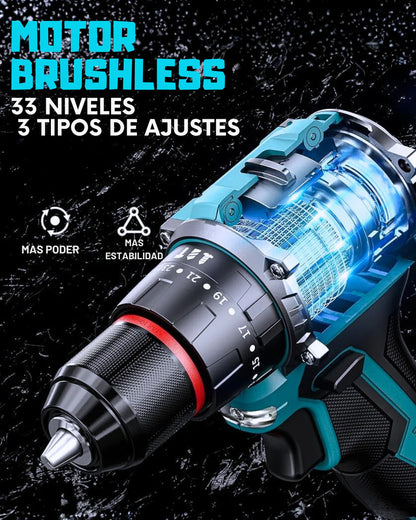 PowerMax Pro™ – Taladro Percutor Brushless 3 en 1 con Doble Batería