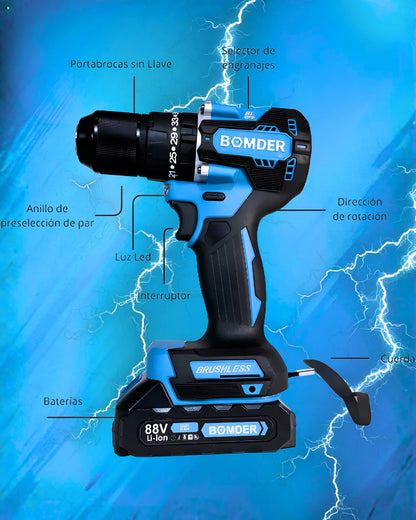 PowerMax Pro™ – Taladro Percutor Brushless 3 en 1 con Doble Batería