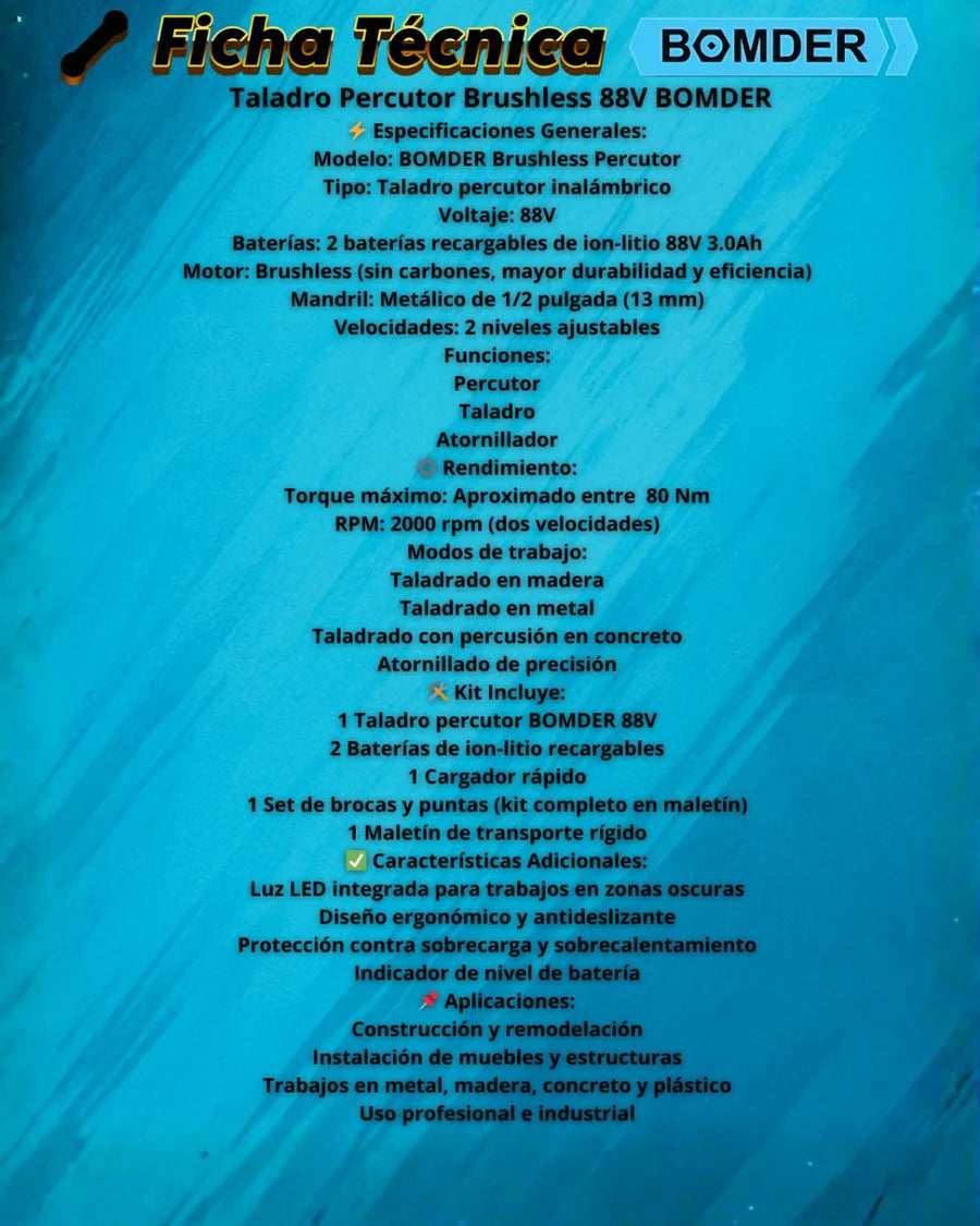PowerMax Pro™ – Taladro Percutor Brushless 3 en 1 con Doble Batería