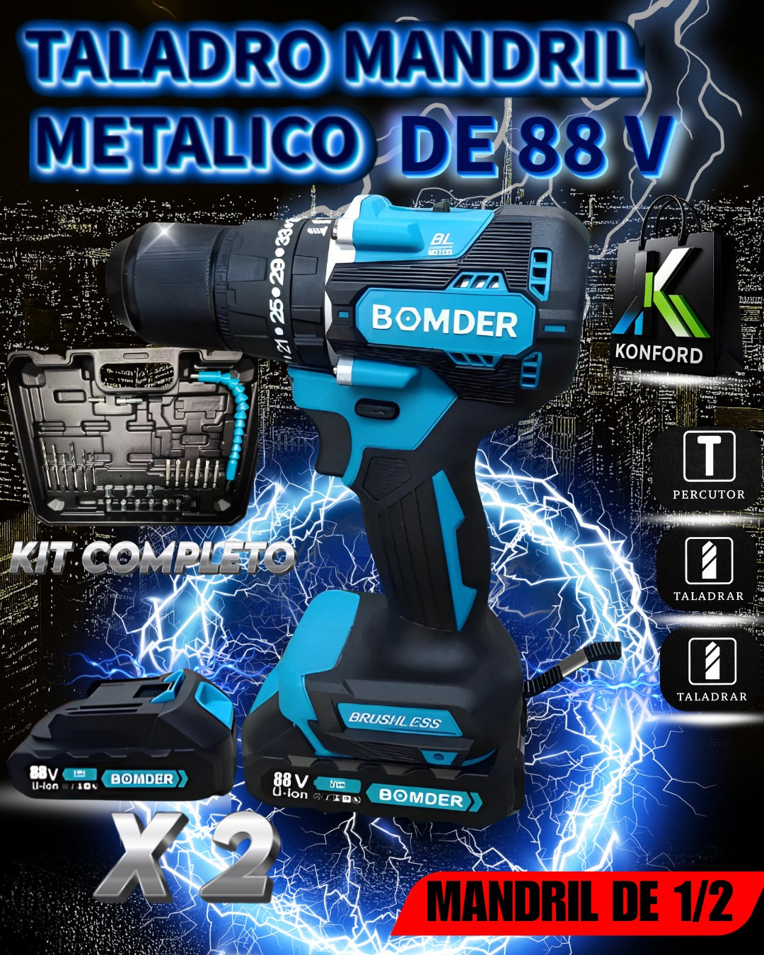 PowerMax Pro™ – Taladro Percutor Brushless 3 en 1 con Doble Batería