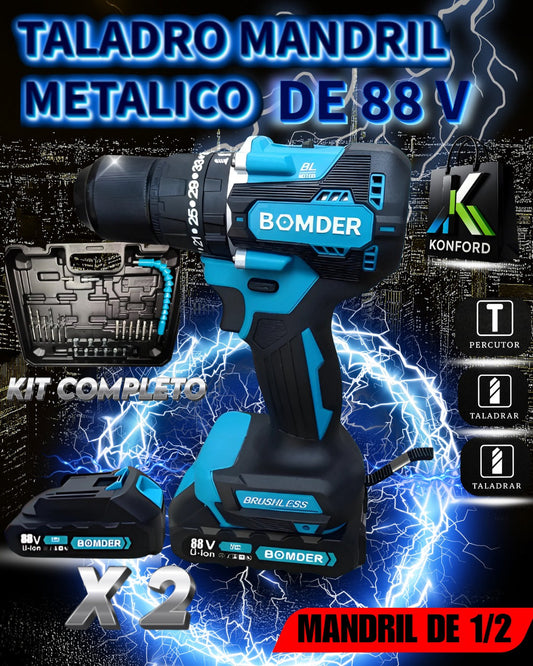 PowerMax Pro™ – Taladro Percutor Brushless 3 en 1 con Doble Batería
